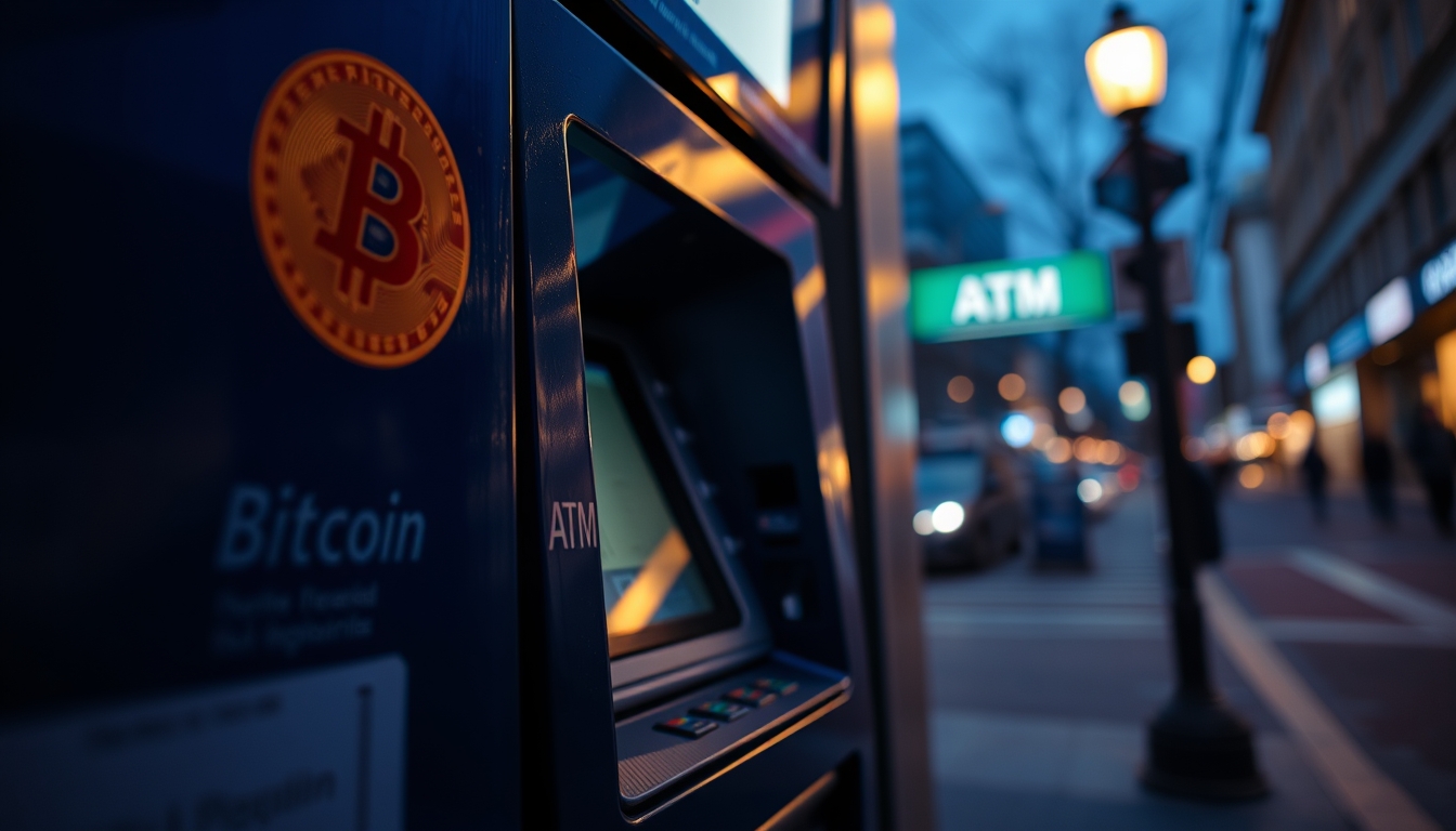 Caixa eletrônico de bitcoin na rua à noite em estilo editorial