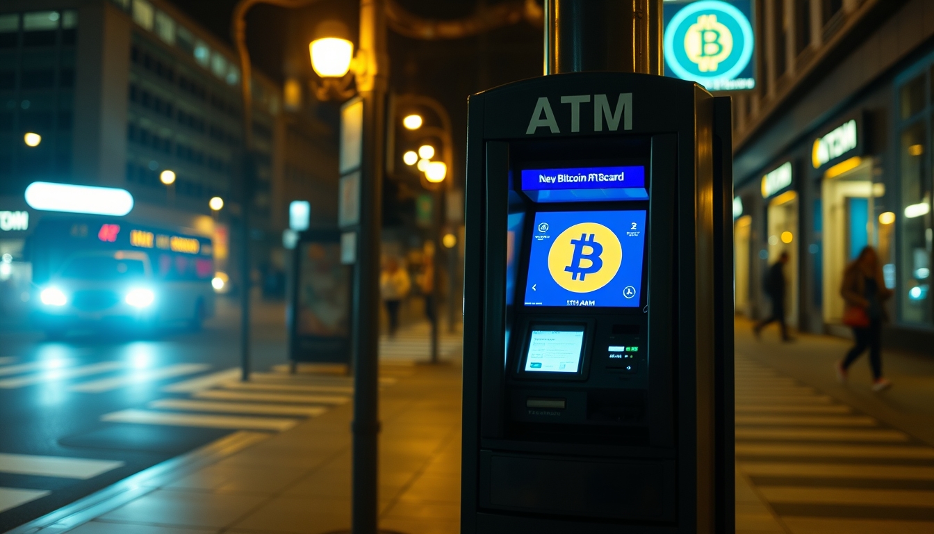 Caixa eletrônico de bitcoin na rua à noite em estilo editorial