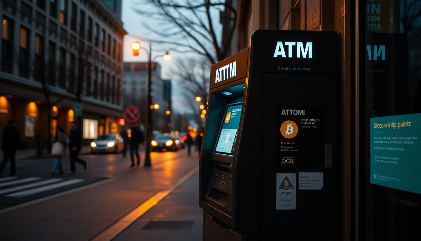 Caixa eletrônico de bitcoin na rua à noite em estilo editorial