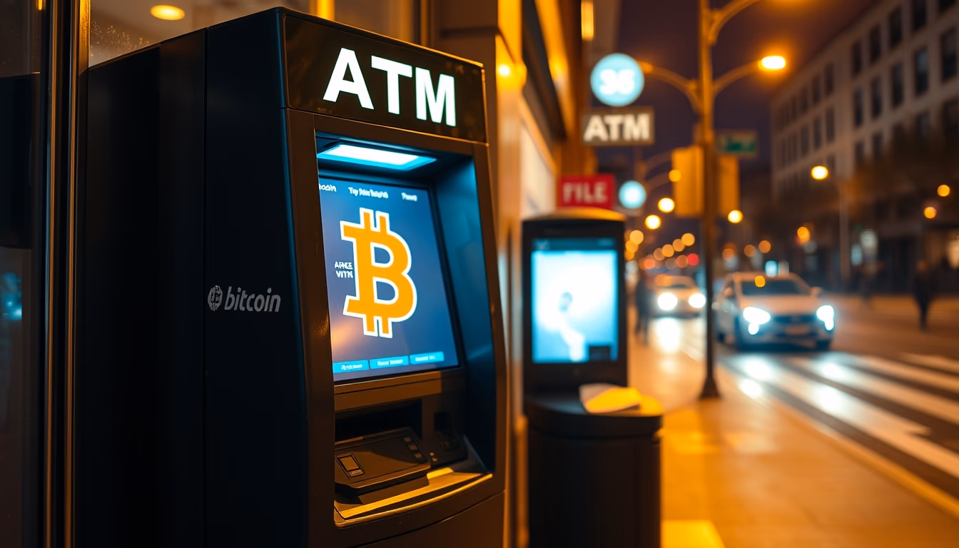 bitcoin atm machine on city street at night in editorial style