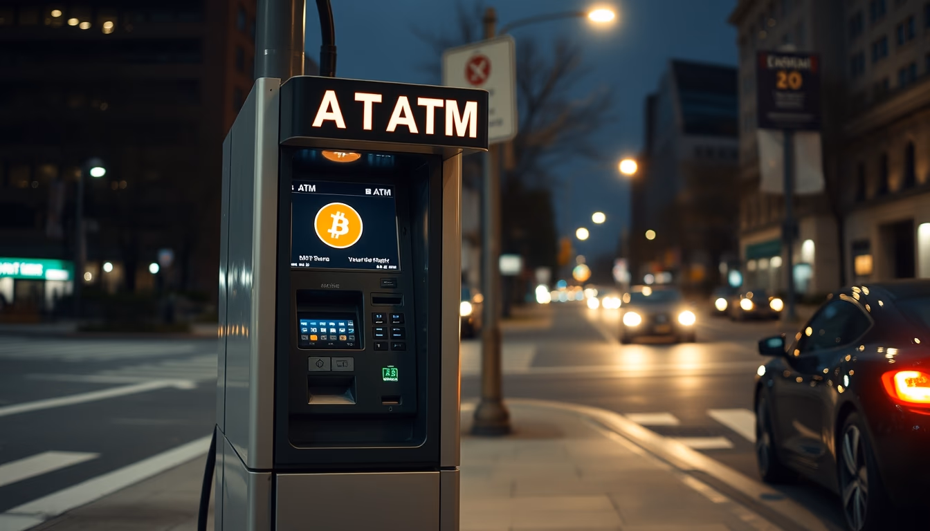 bitcoin atm machine on city street at night in editorial style