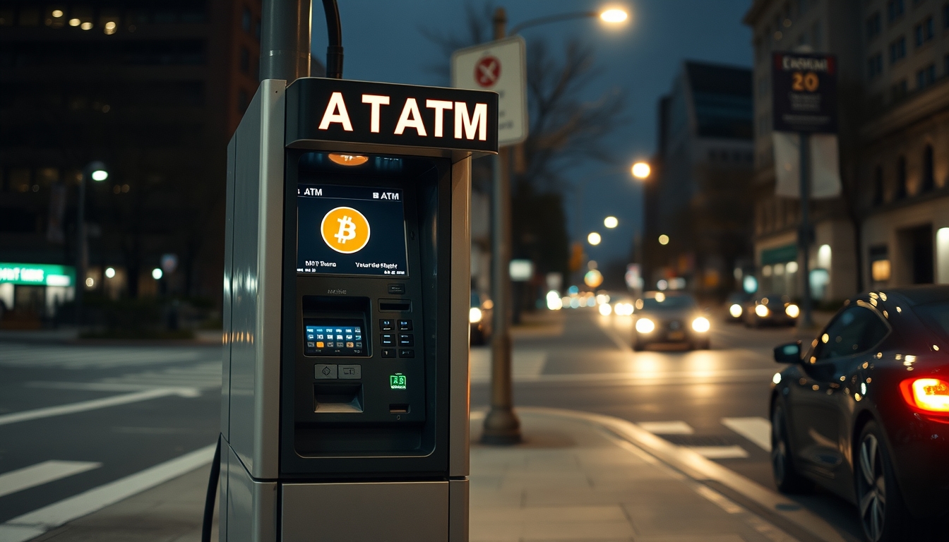 Caixa eletrônico de bitcoin na rua à noite em estilo editorial