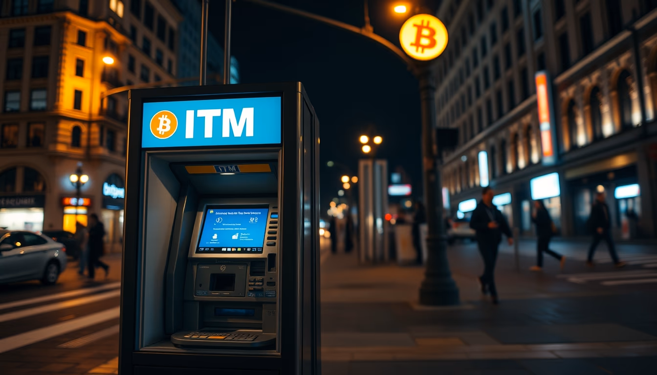 bitcoin atm machine on city street at night in editorial style