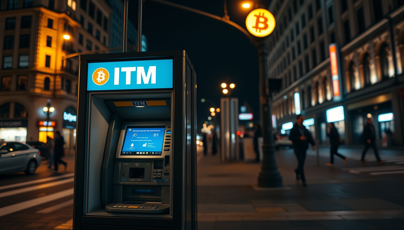 Caixa eletrônico de bitcoin na rua à noite em estilo editorial