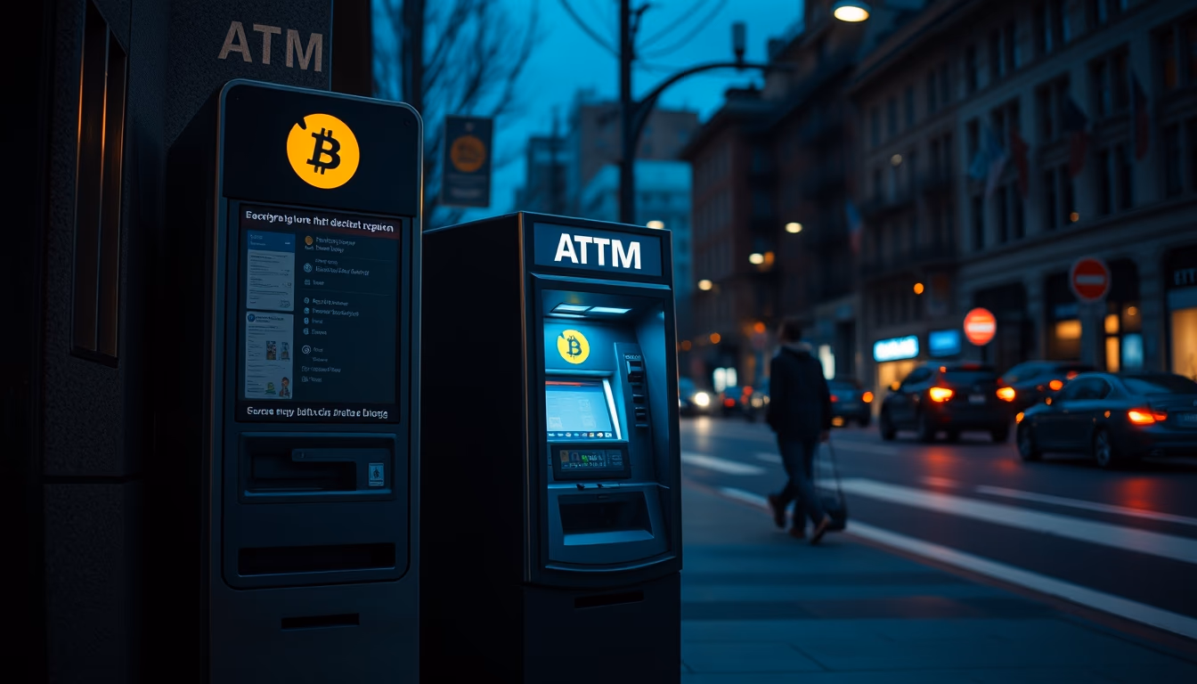 Caixa eletrônico de bitcoin na rua à noite em estilo editorial