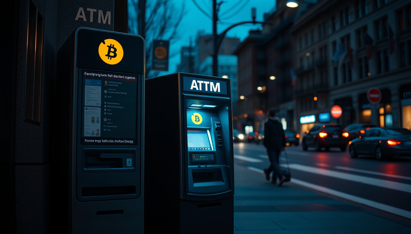 Caixa eletrônico de bitcoin na rua à noite em estilo editorial