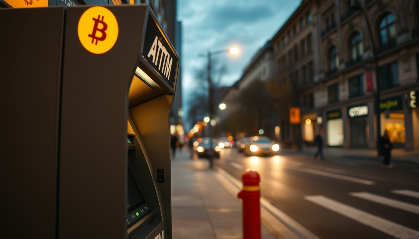 Caixa eletrônico de bitcoin na rua à noite em estilo editorial