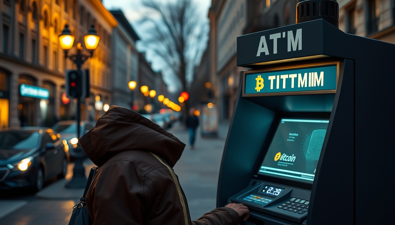 Caixa eletrônico de bitcoin na rua à noite em estilo editorial