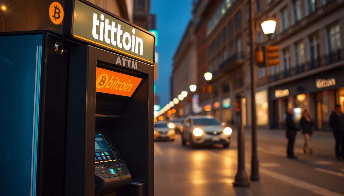 bitcoin atm machine on city street at night in editorial style