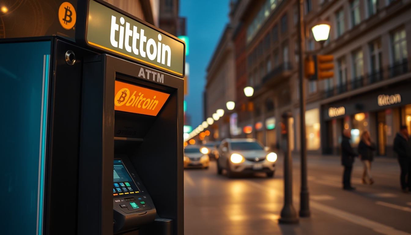 Caixa eletrônico de bitcoin na rua à noite em estilo editorial