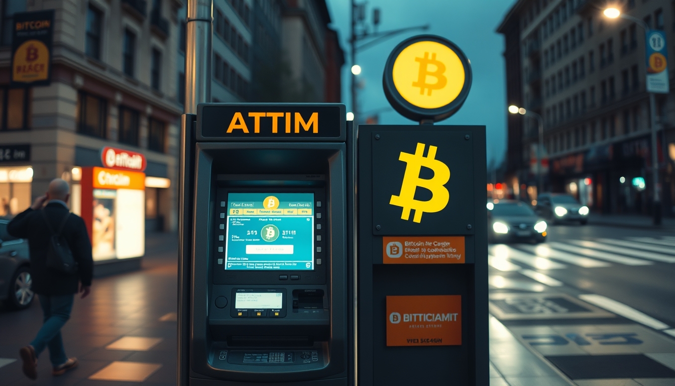 Caixa eletrônico de bitcoin na rua à noite em estilo editorial