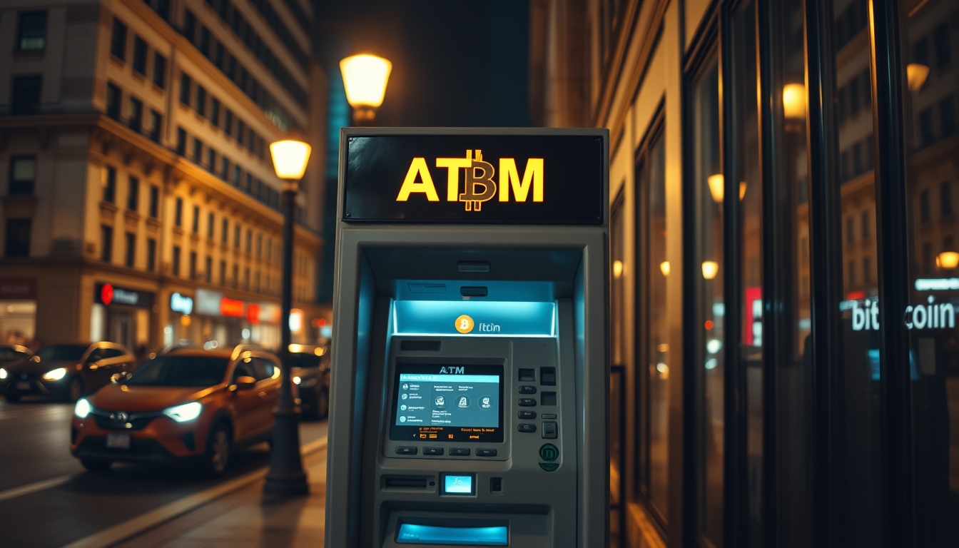 Caixa eletrônico de bitcoin na rua à noite em estilo editorial