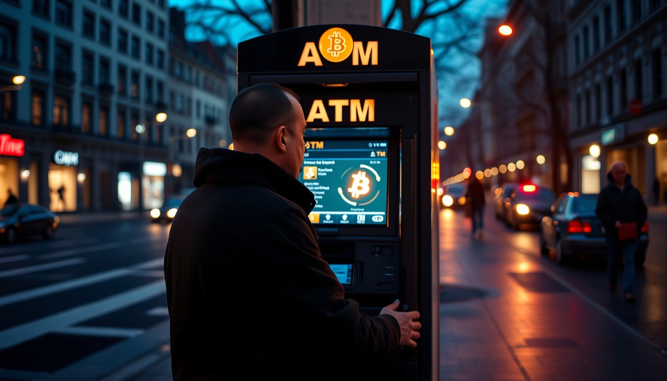 Caixa eletrônico de bitcoin na rua à noite em estilo editorial