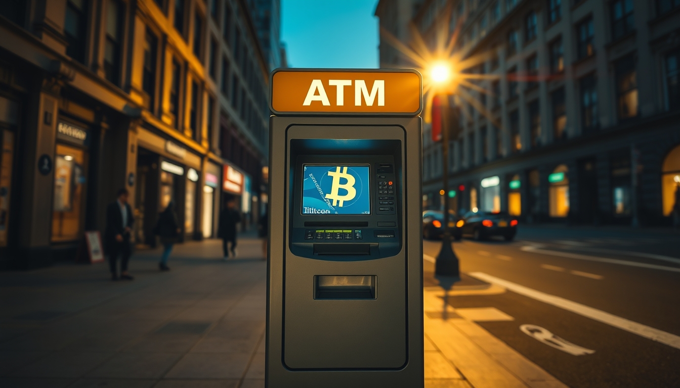 Caixa eletrônico de bitcoin na rua à noite em estilo editorial
