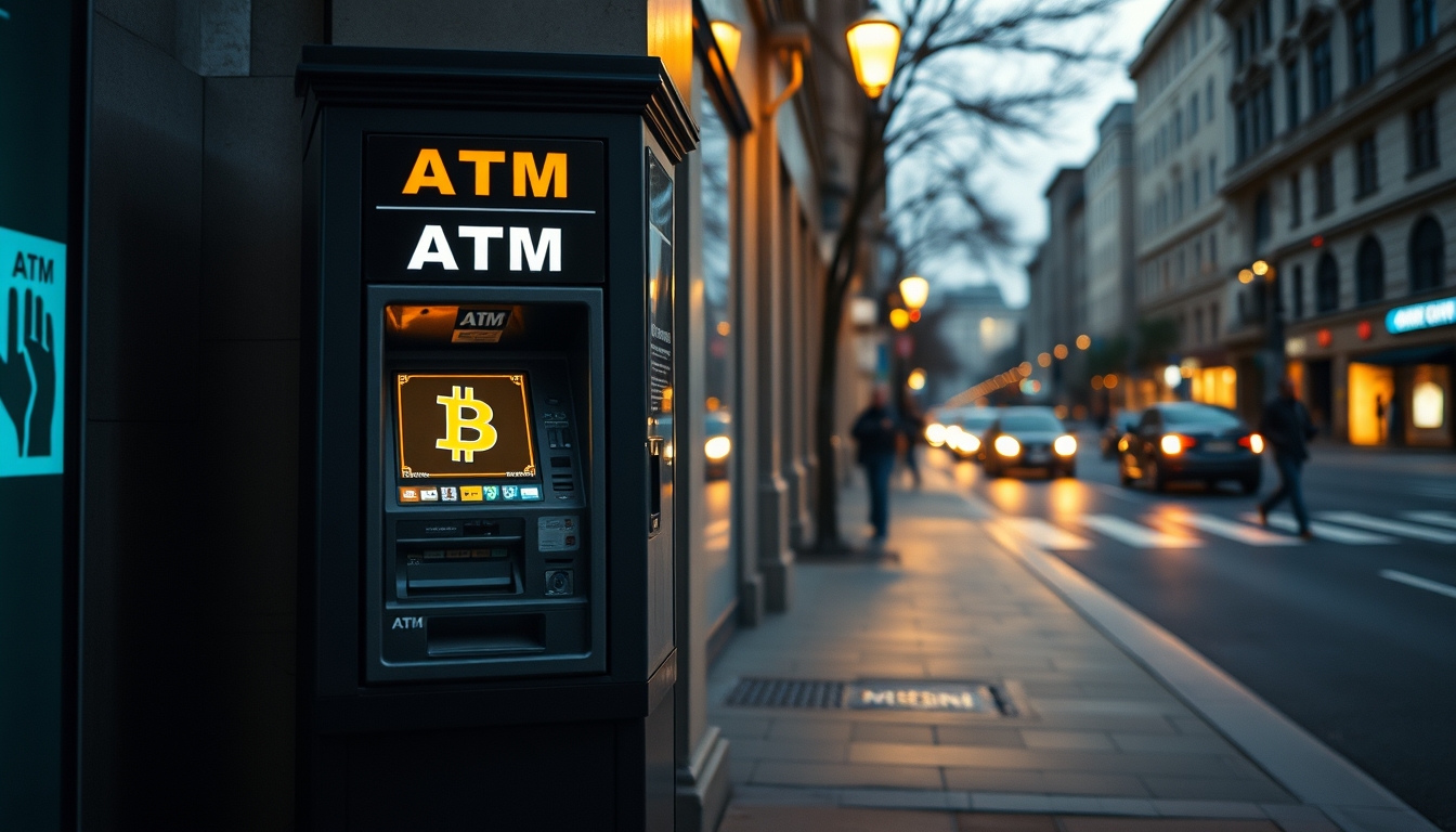 Caixa eletrônico de bitcoin na rua à noite em estilo editorial