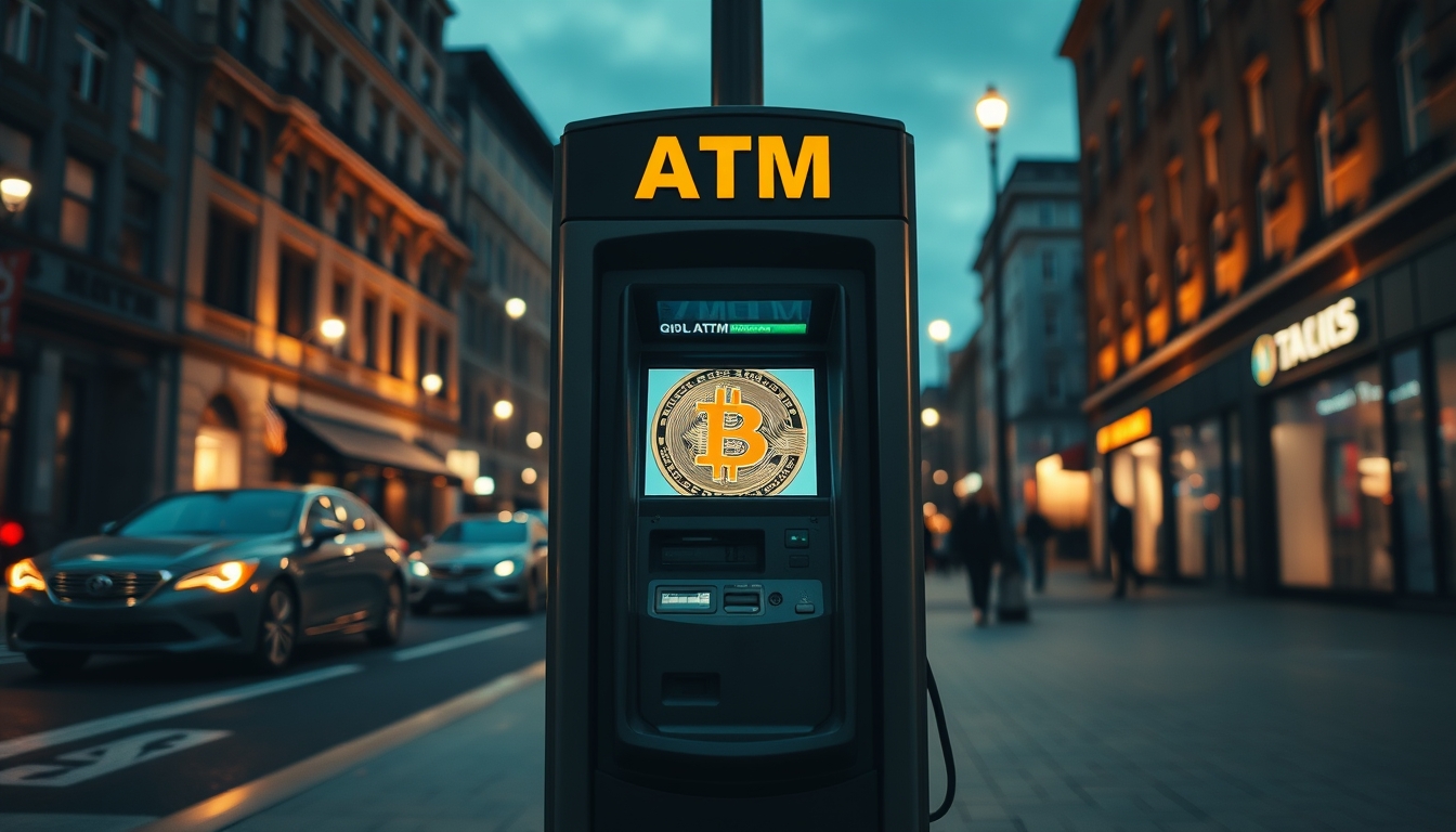 Caixa eletrônico de bitcoin na rua à noite em estilo editorial