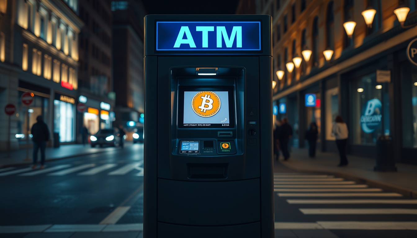 Caixa eletrônico de bitcoin na rua à noite em estilo editorial