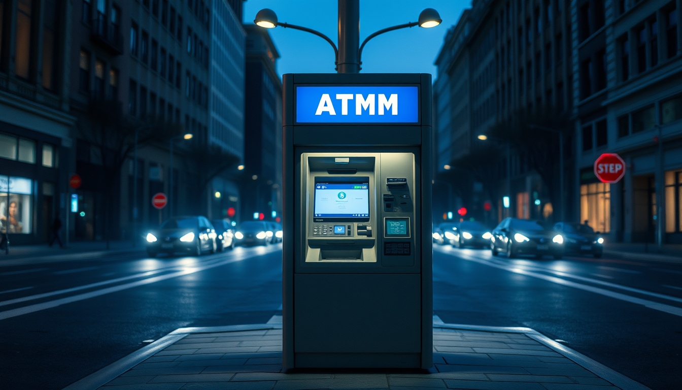 Caixa eletrônico de bitcoin na rua à noite em estilo editorial