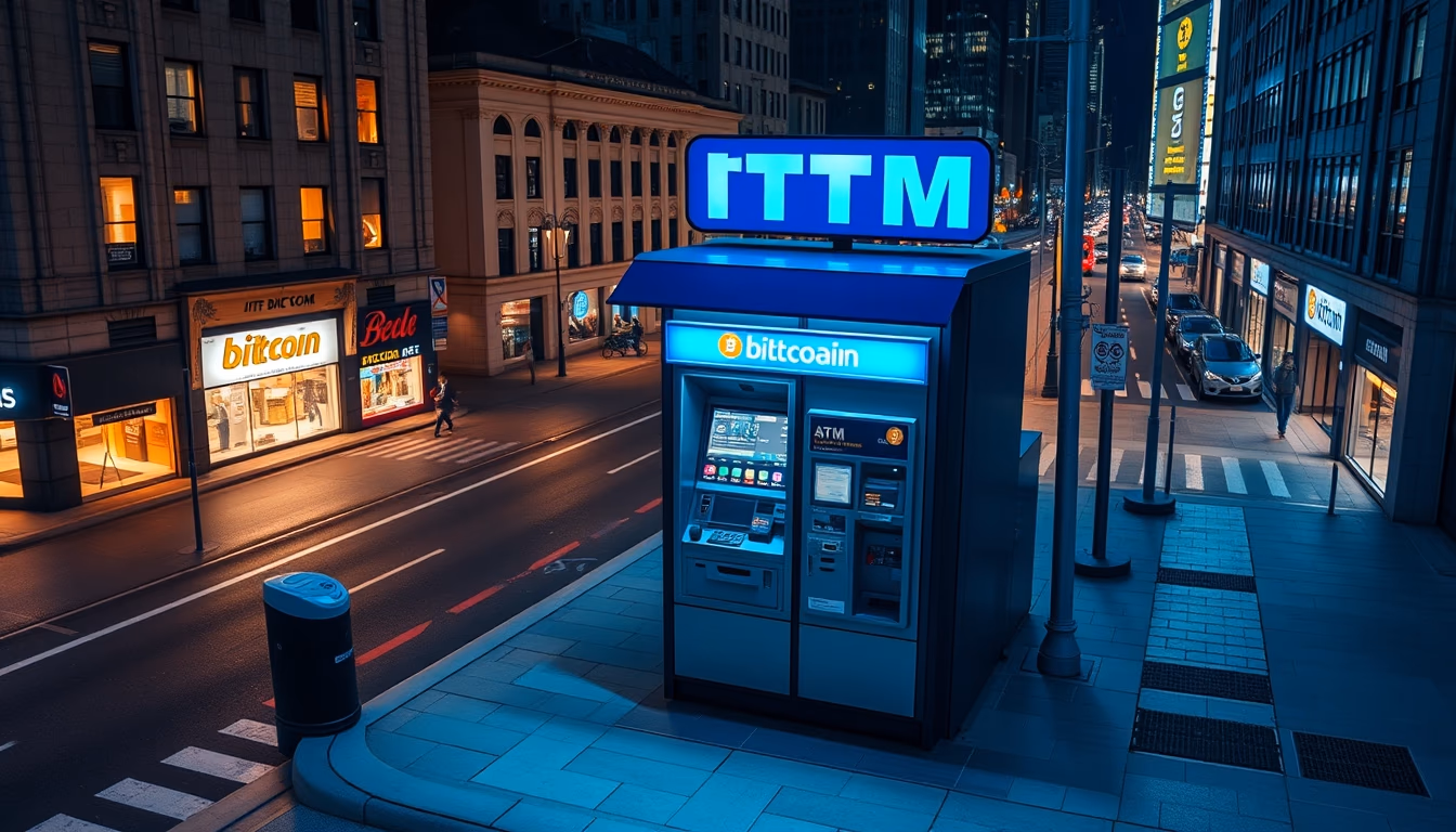 bitcoin atm on city street at night in editorial style