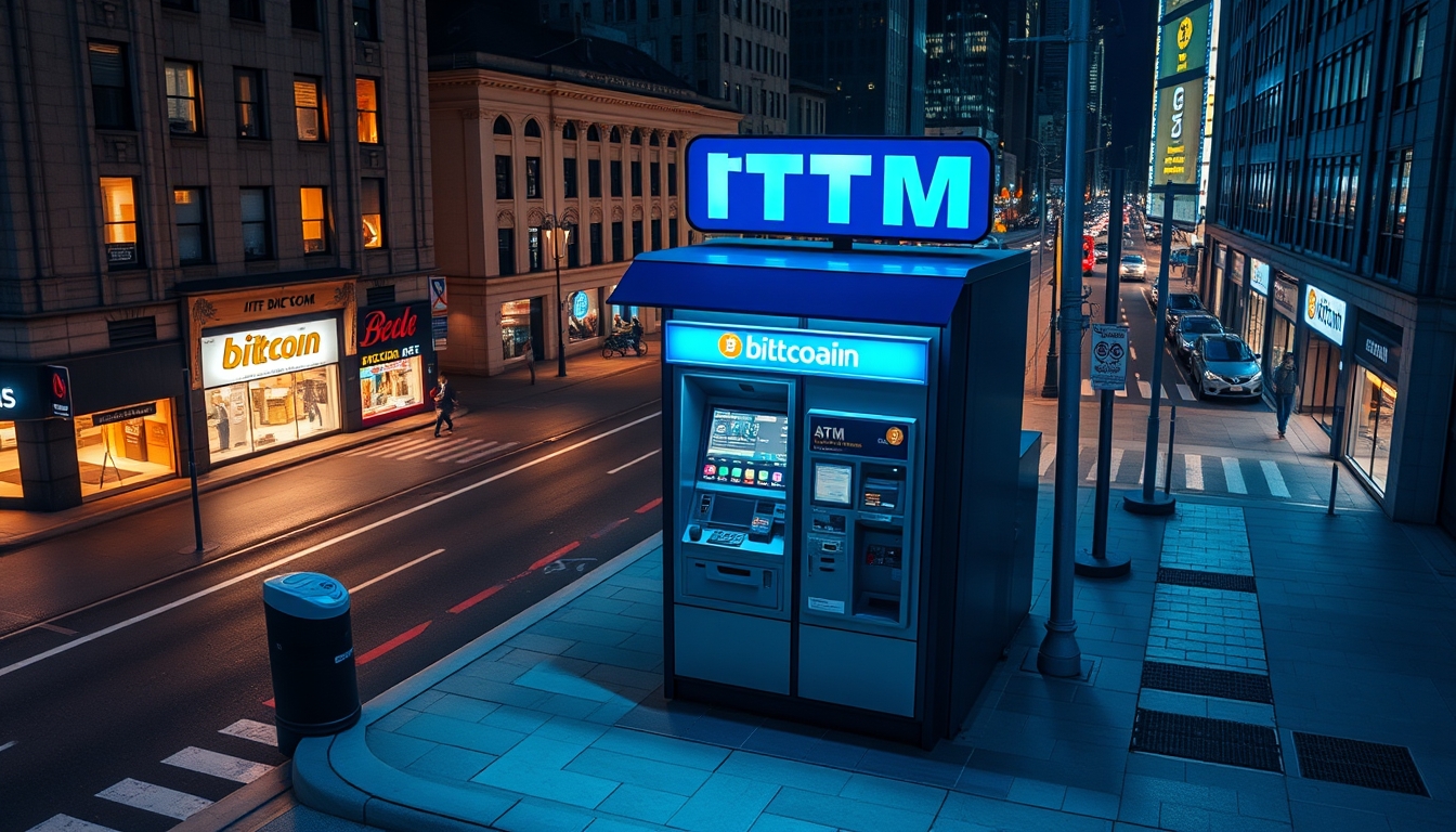 bitcoin atm on city street at night in editorial style