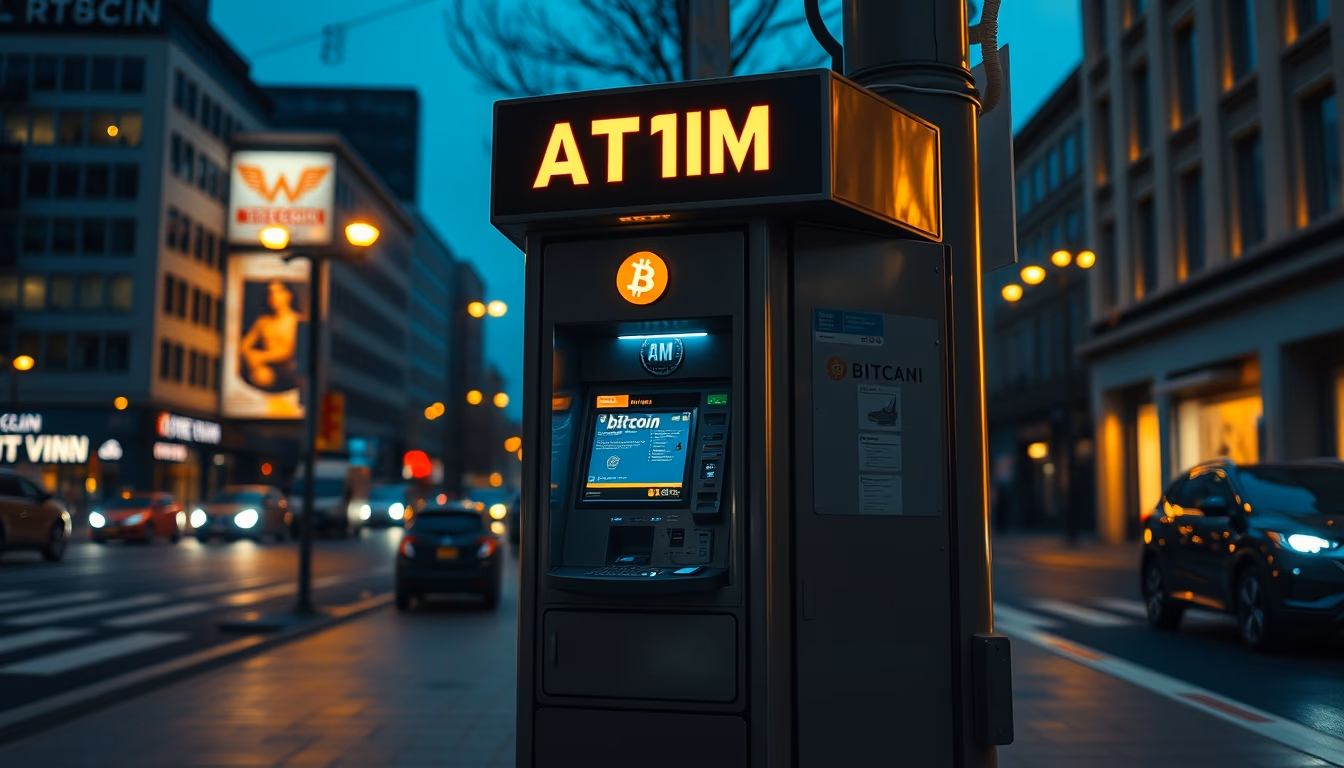 bitcoin atm on city street at night in editorial style