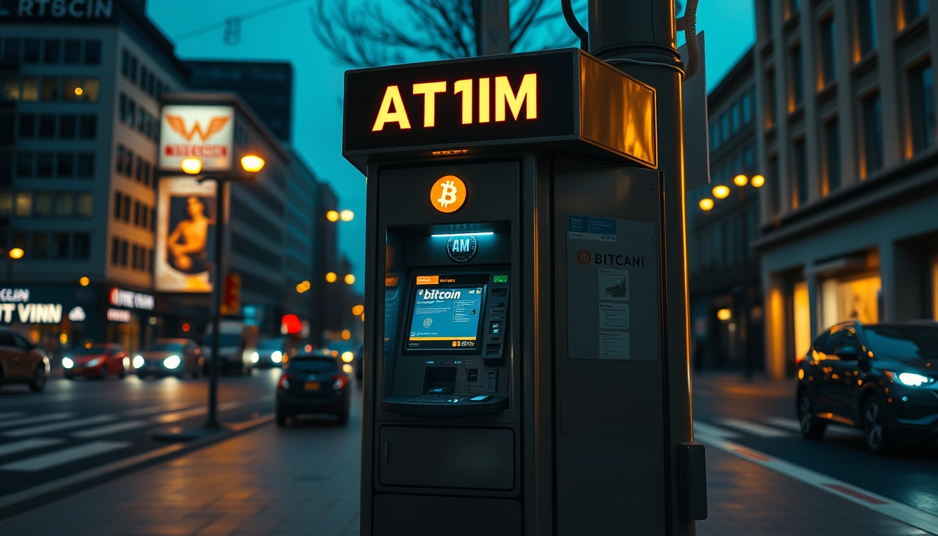 bitcoin atm on city street at night in editorial style