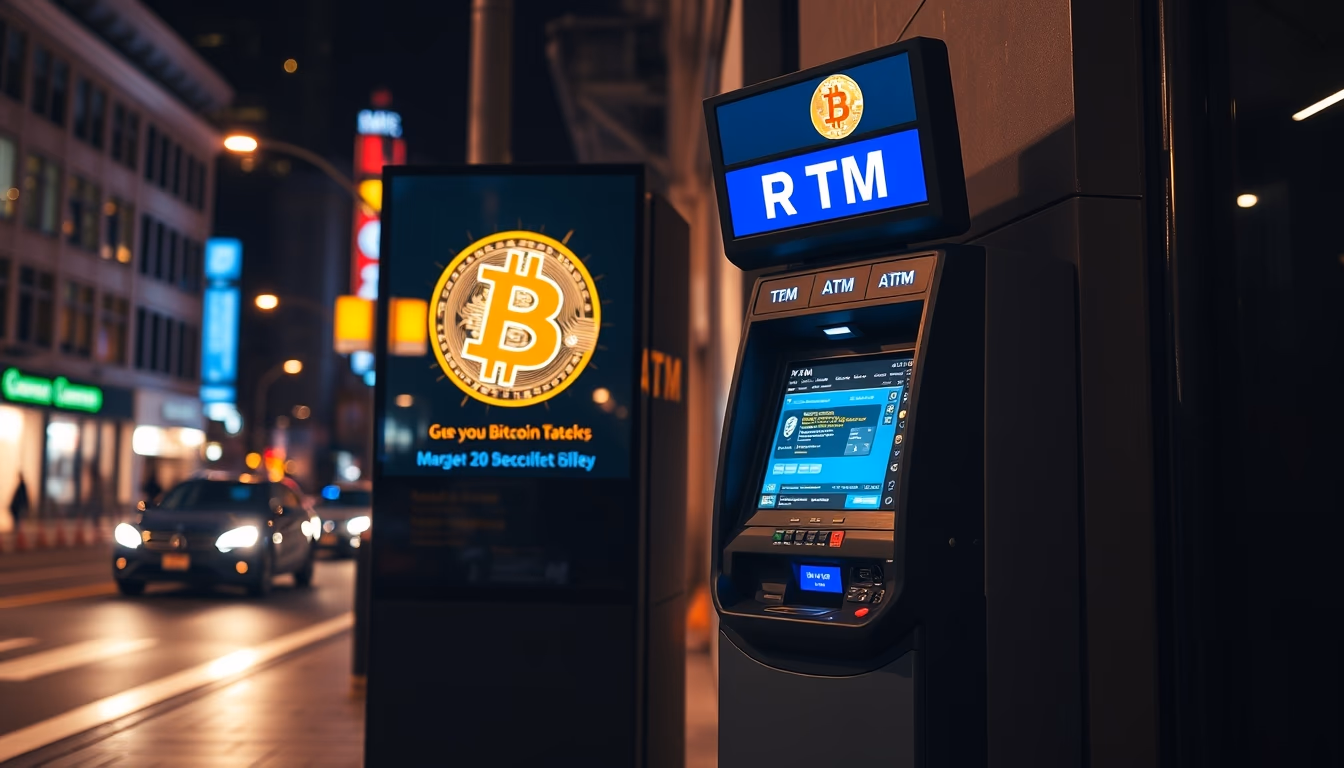 bitcoin atm on city street at night in editorial style