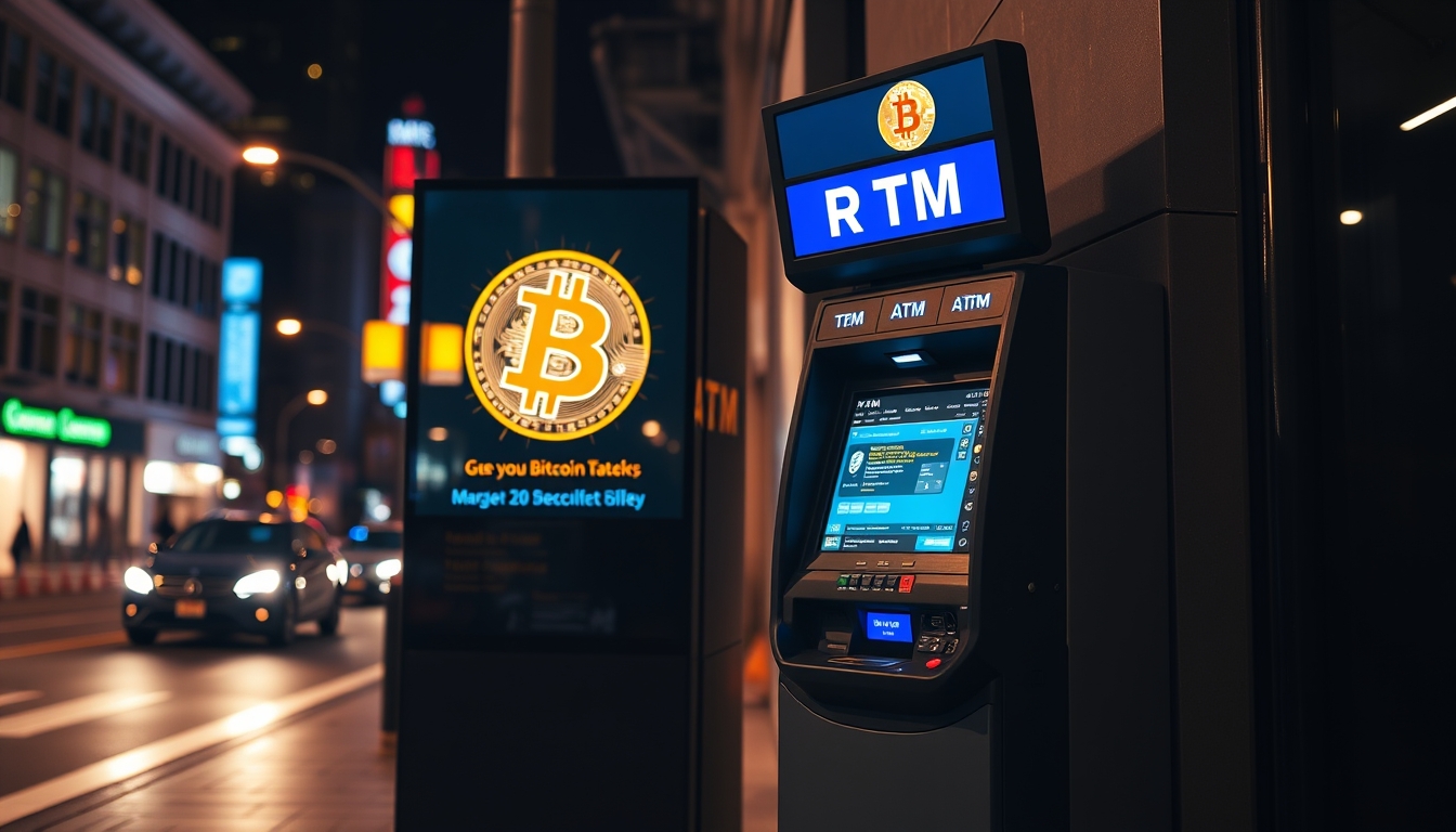 bitcoin atm on city street at night in editorial style