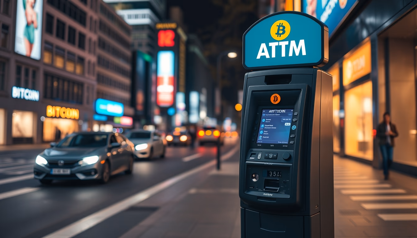 bitcoin atm on city street at night in editorial style