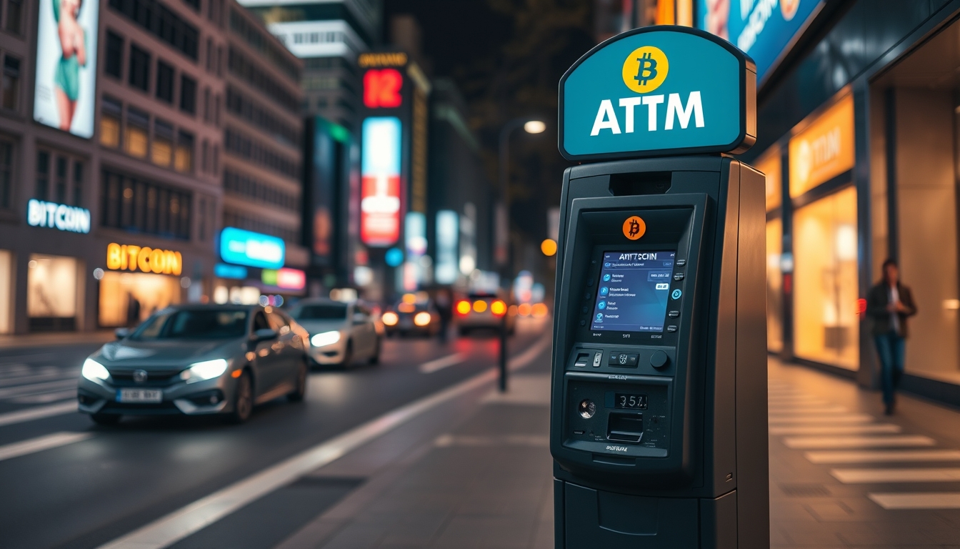 bitcoin atm on city street at night in editorial style