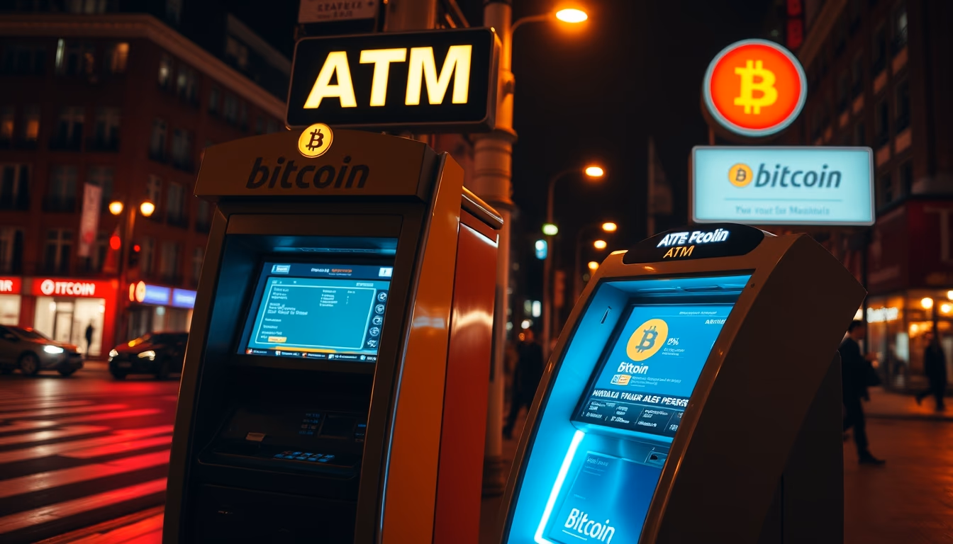 Caixa eletrônico de Bitcoin on city street at night em estilo editorial