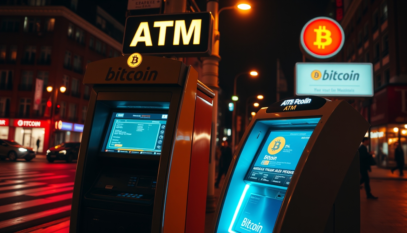 bitcoin atm on city street at night in editorial style