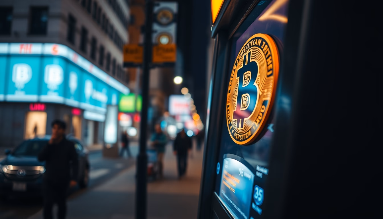 Caixa eletrônico de Bitcoin on city street at night em estilo editorial