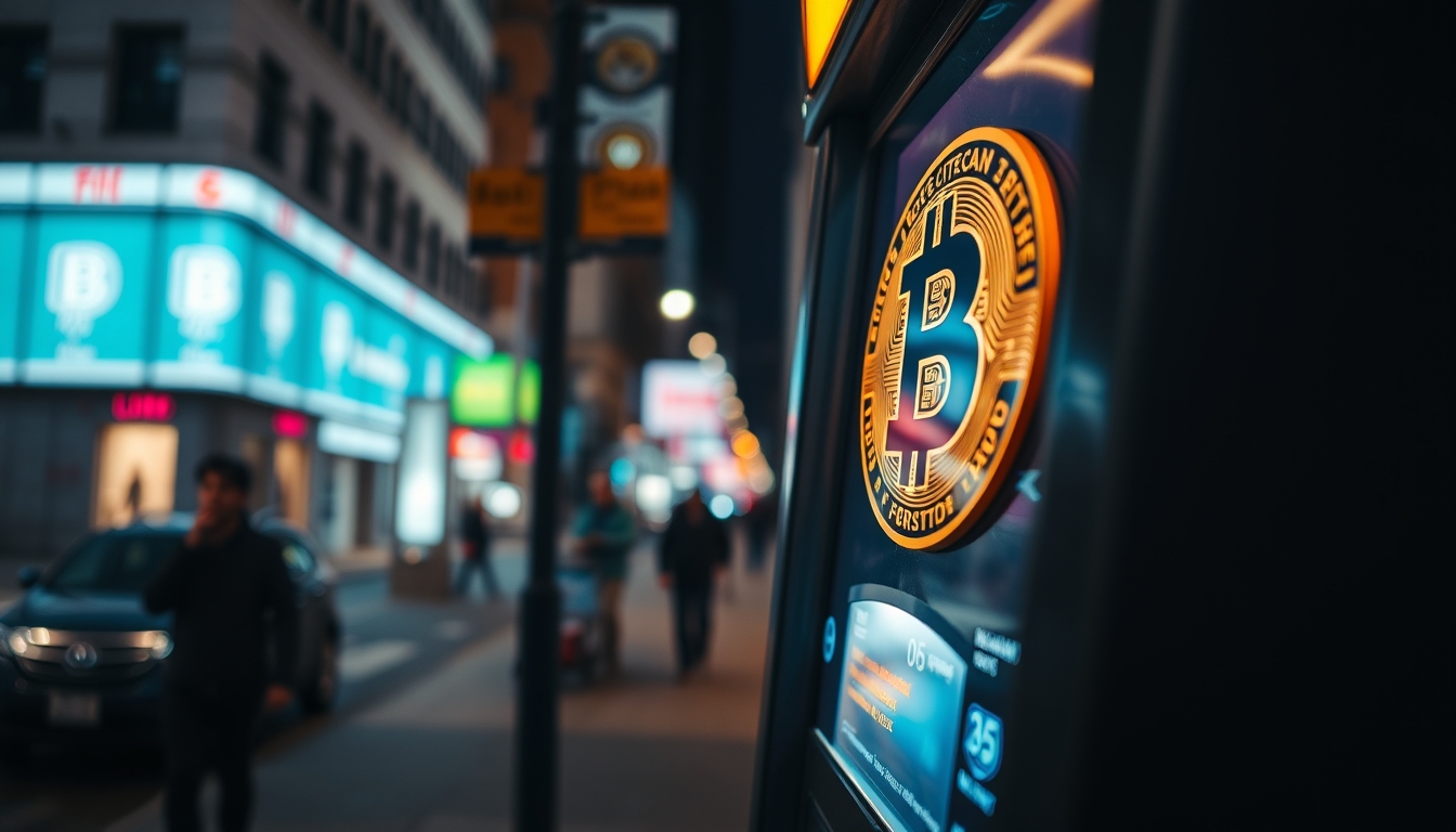 bitcoin atm on city street at night in editorial style
