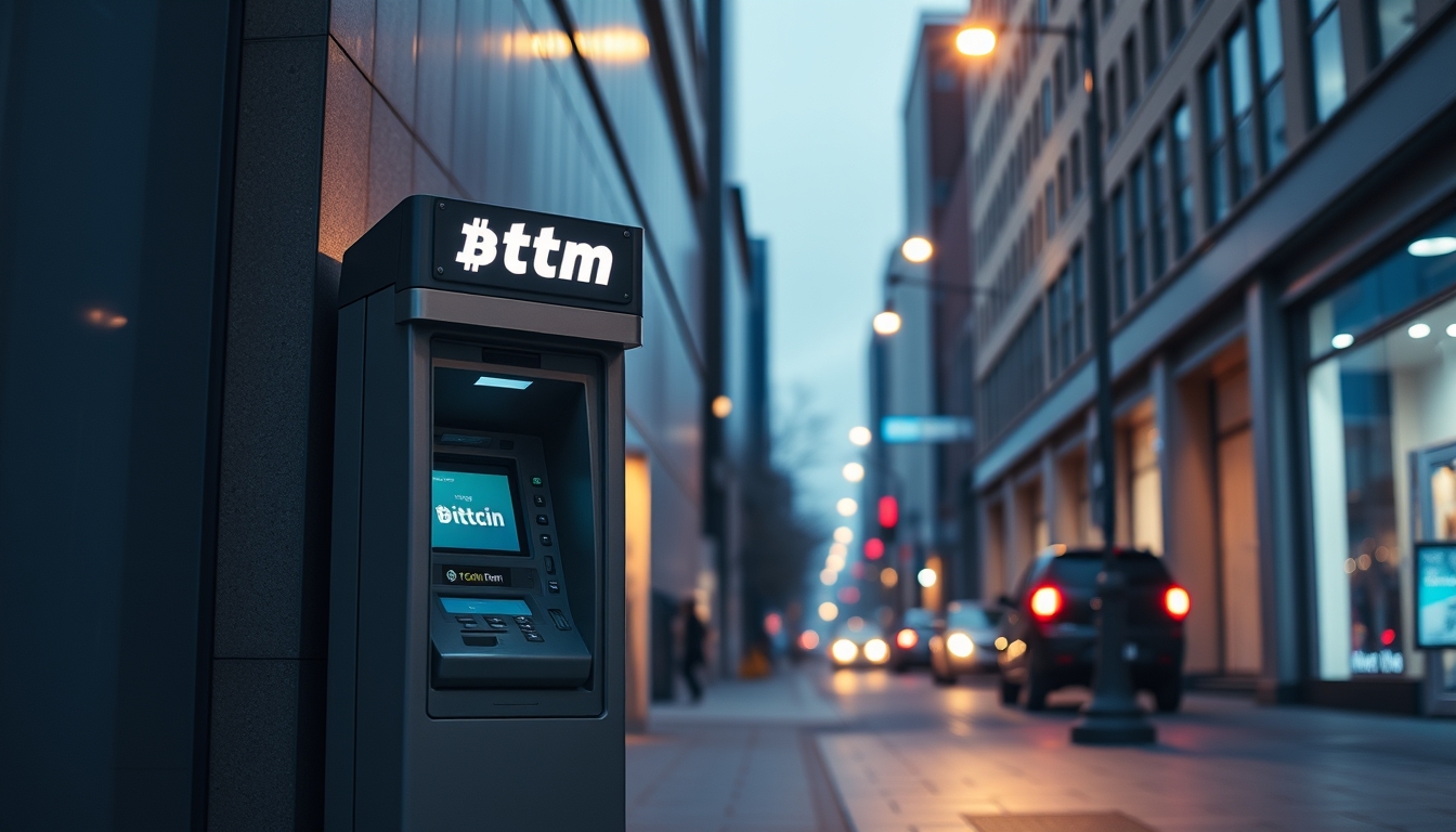 bitcoin atm on city street at night in editorial style