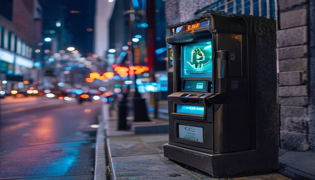 bitcoin atm on city street at night in editorial style