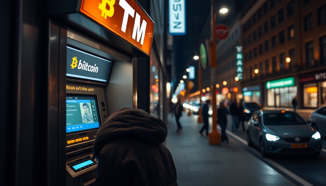 Caixa eletrônico de Bitcoin on city street at night em estilo editorial