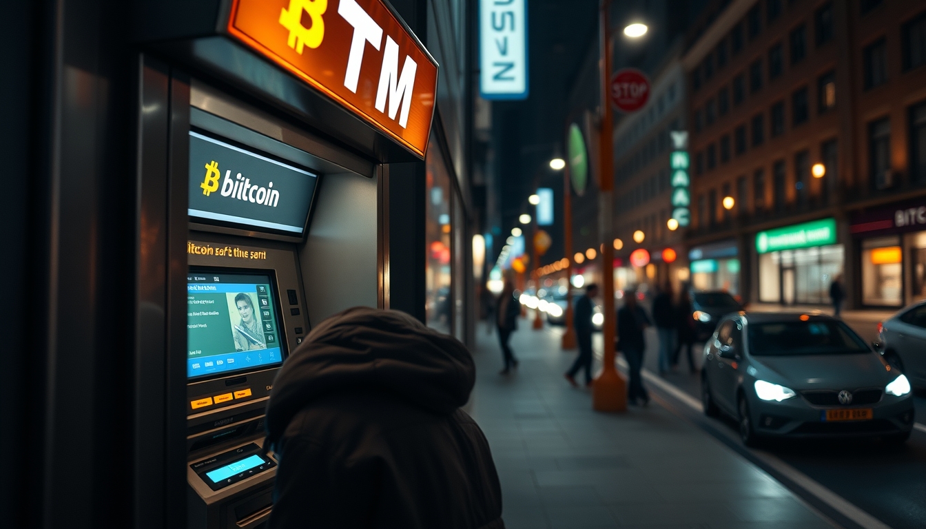 bitcoin atm on city street at night in editorial style