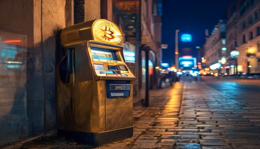 bitcoin atm on city street at night in editorial style