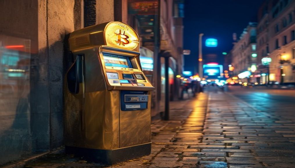 bitcoin atm on city street at night in editorial style