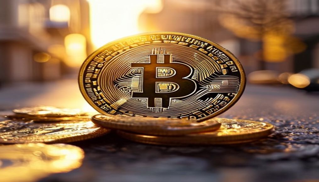 bitcoin coin in golden light in editorial style