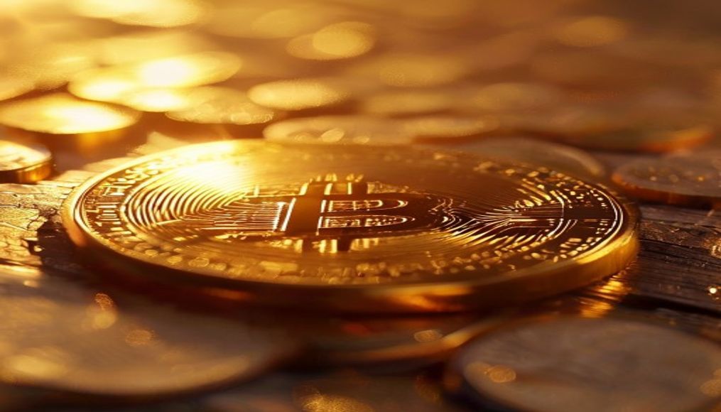 bitcoin coin in golden light in editorial style