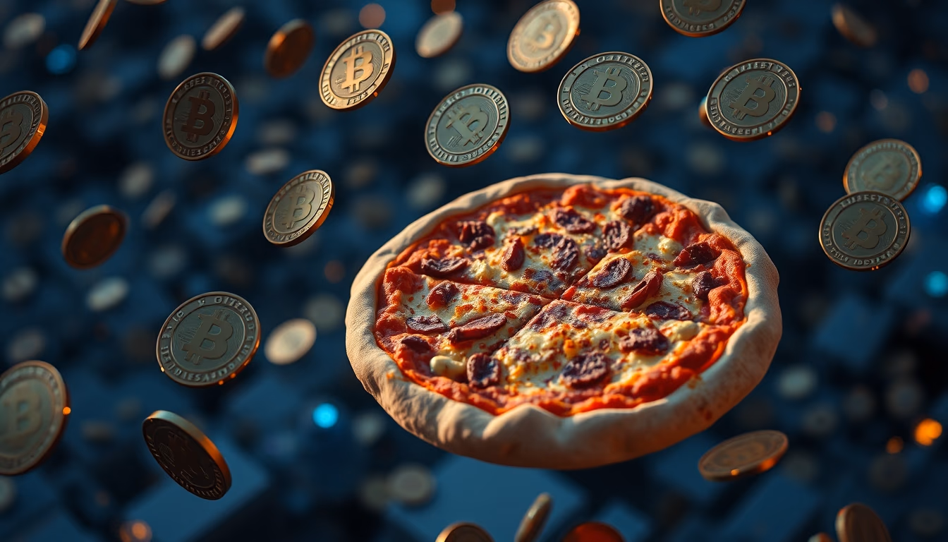 bitcoin pizza concept floating coins in editorial style