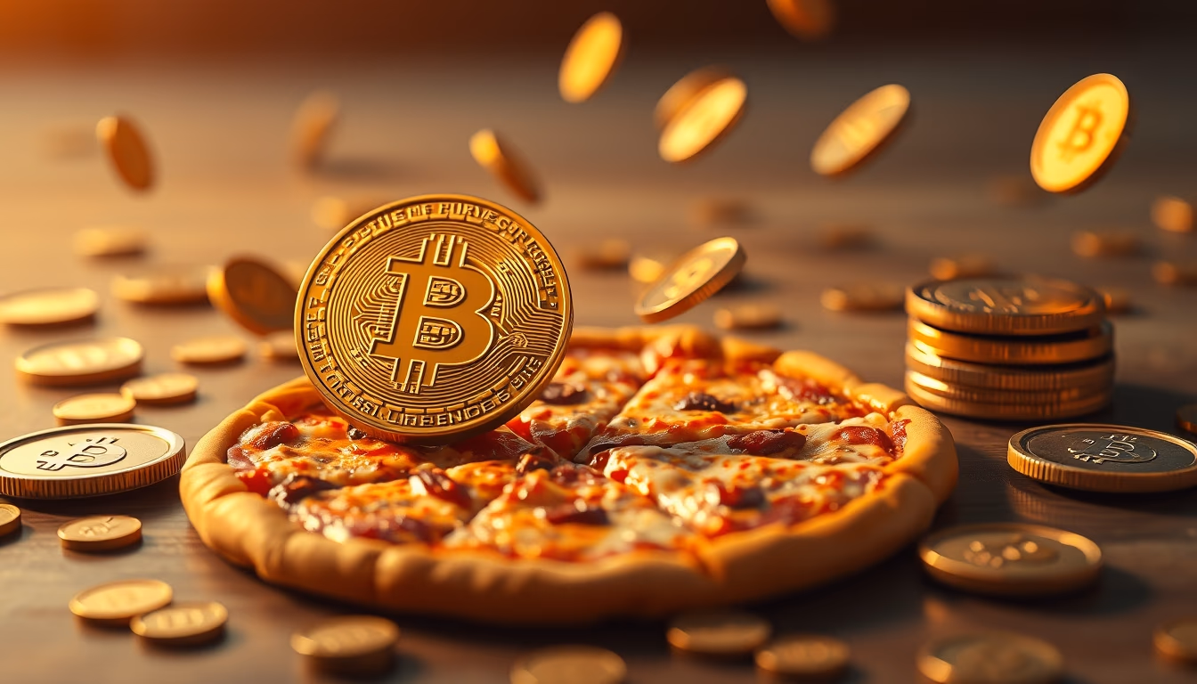 bitcoin pizza concept floating coins in editorial style