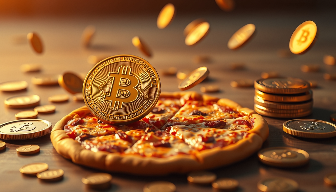 bitcoin pizza concept floating coins in editorial style