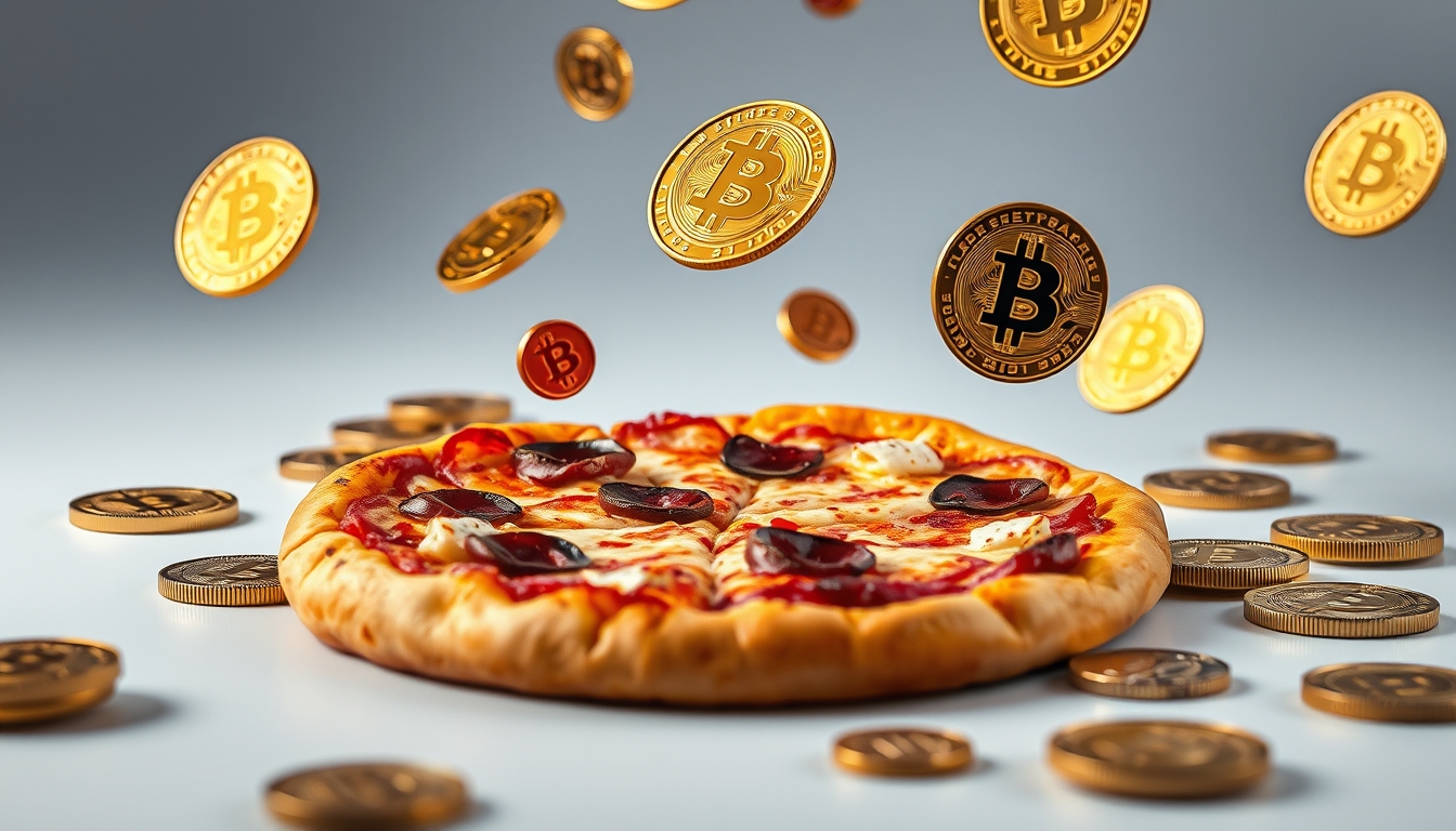 bitcoin pizza concept floating coins in editorial style