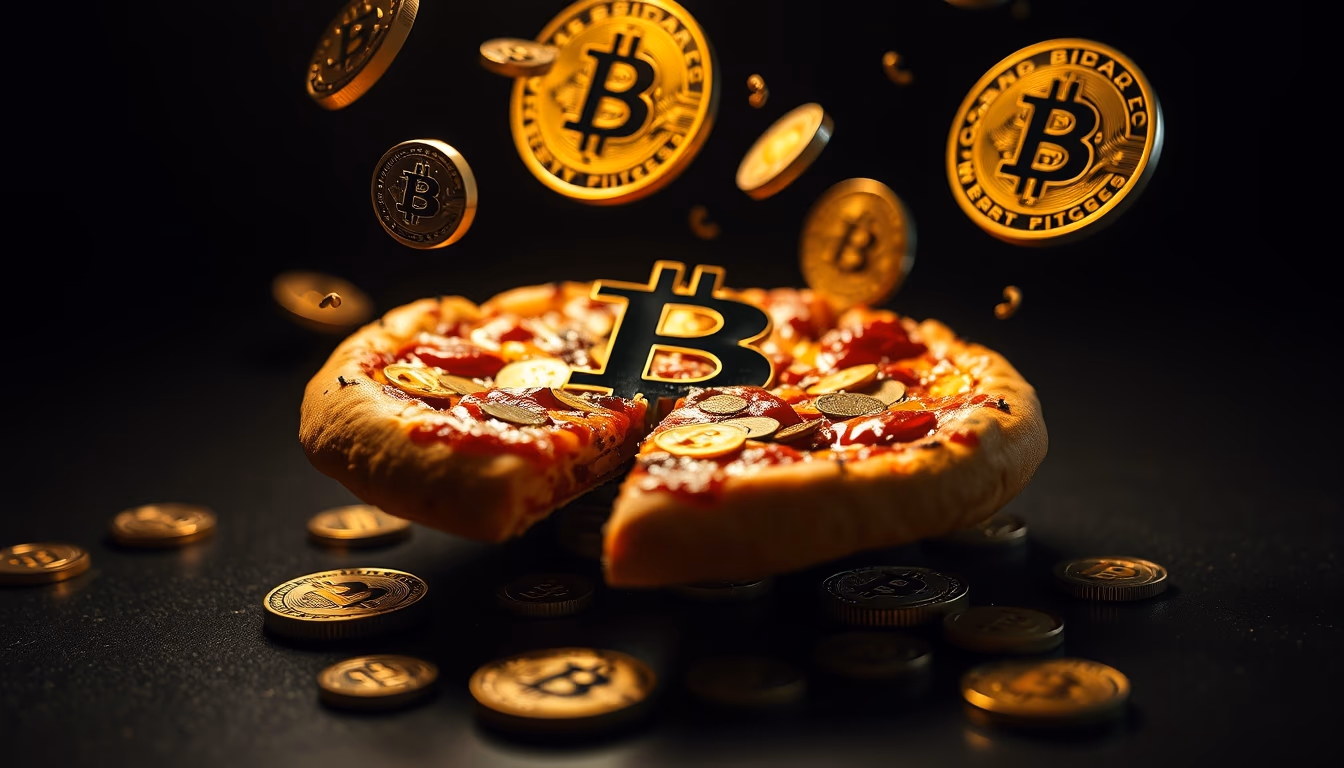 Bitcoin pizza concept floating coins em estilo editorial