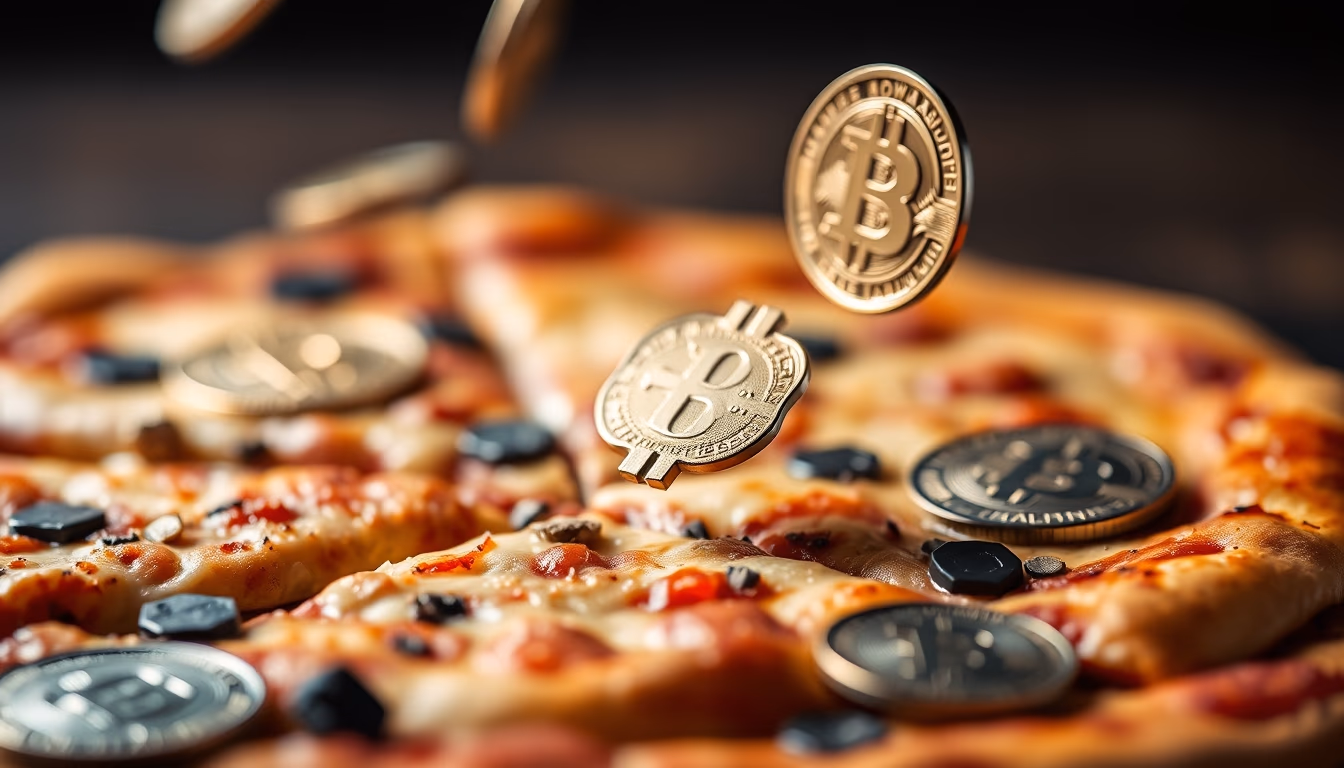 Bitcoin pizza concept floating coins em estilo editorial