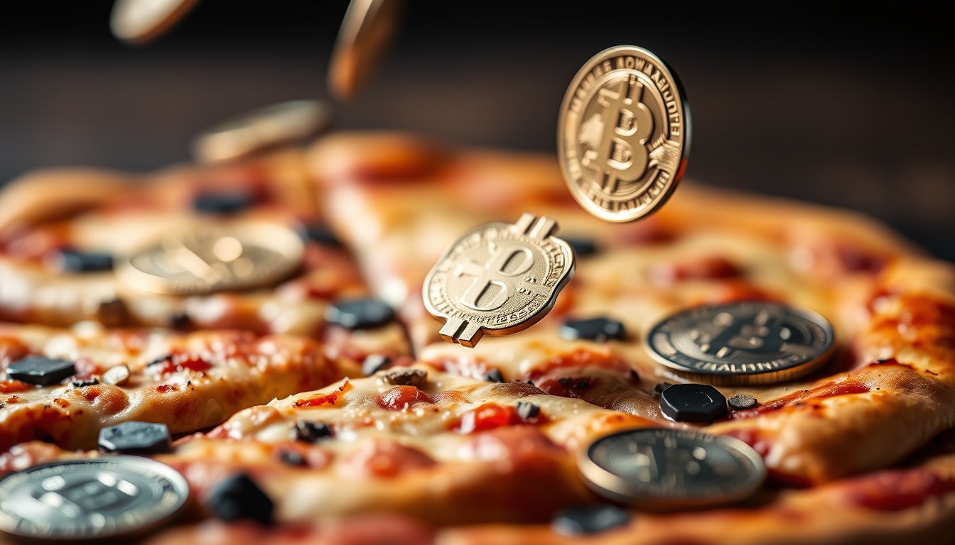 bitcoin pizza concept floating coins in editorial style