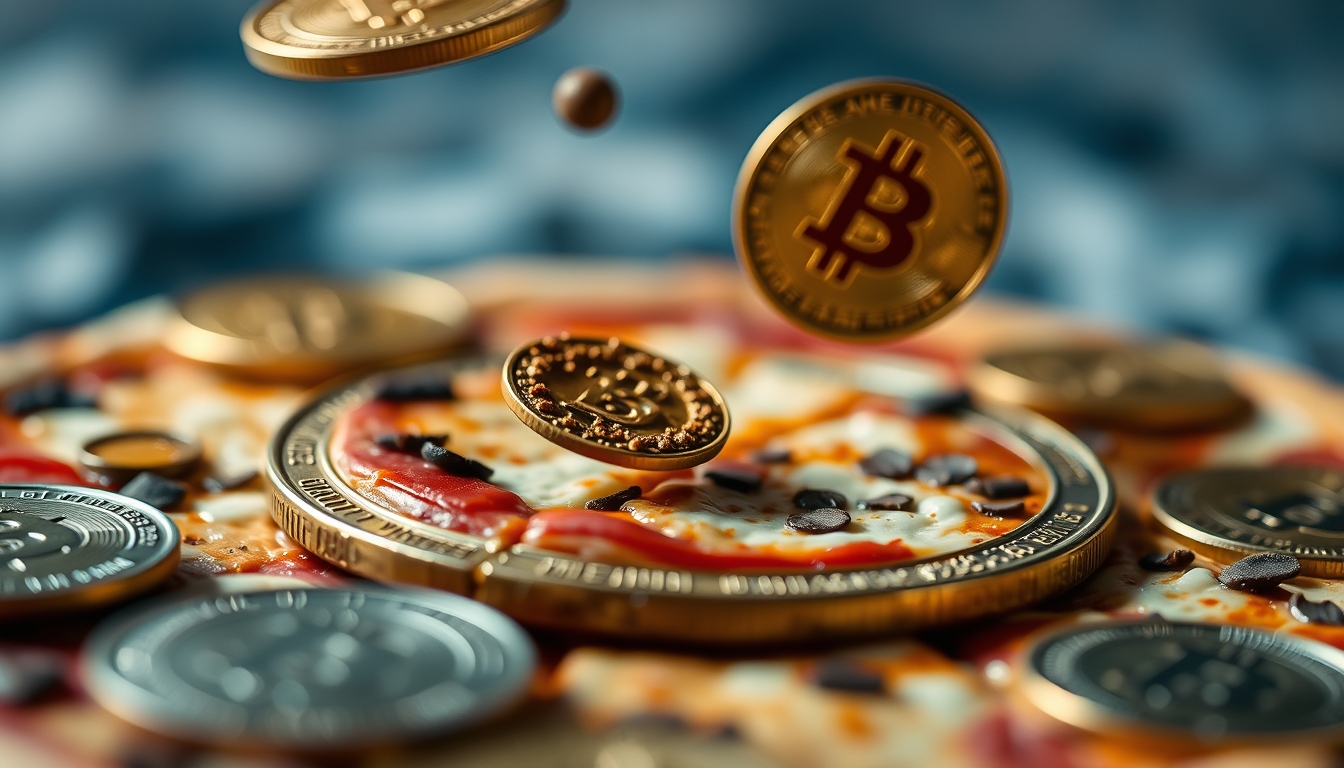 bitcoin pizza concept floating coins in editorial style